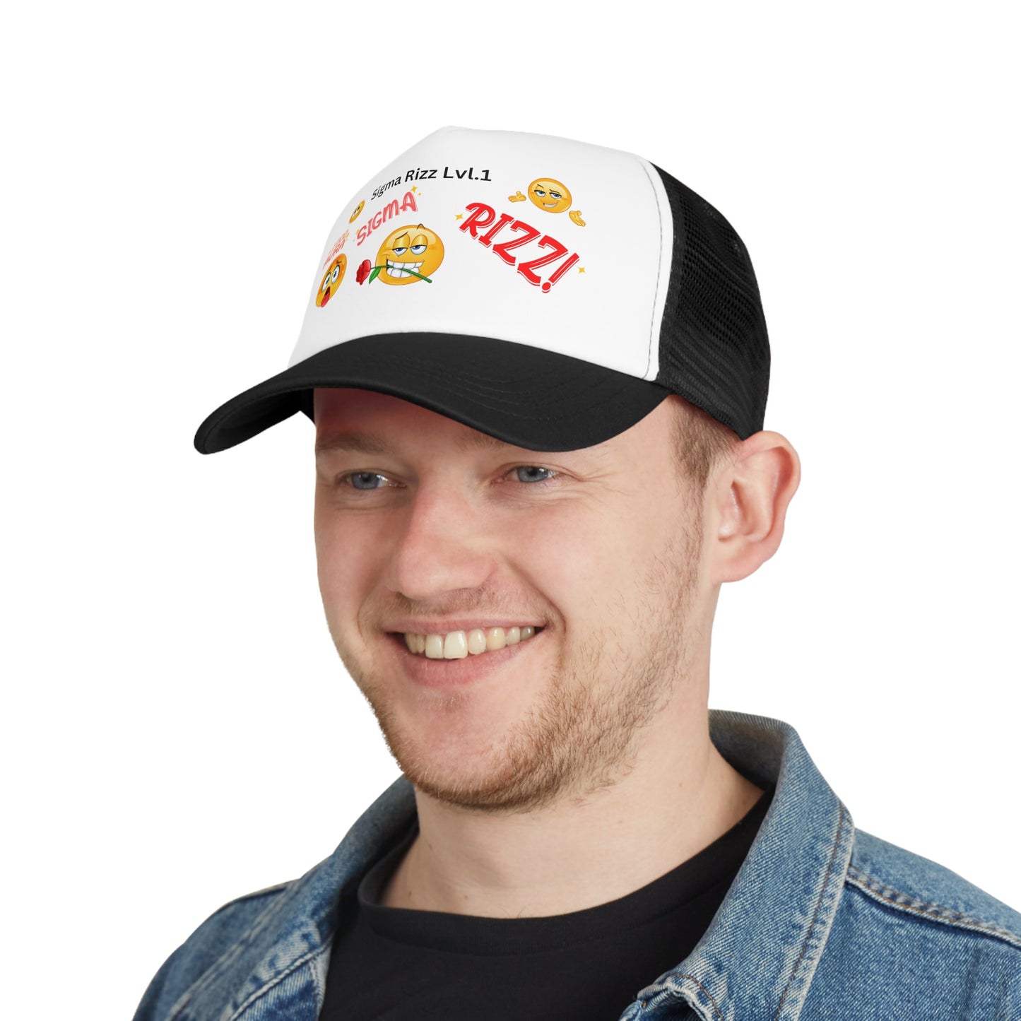 Sigma Rizz Level 1 Mesh Cap, Fun Emoji Hat, Cool Trucker Cap for Parties, Gift for Friends, Casual Accessories - FreakyFits
